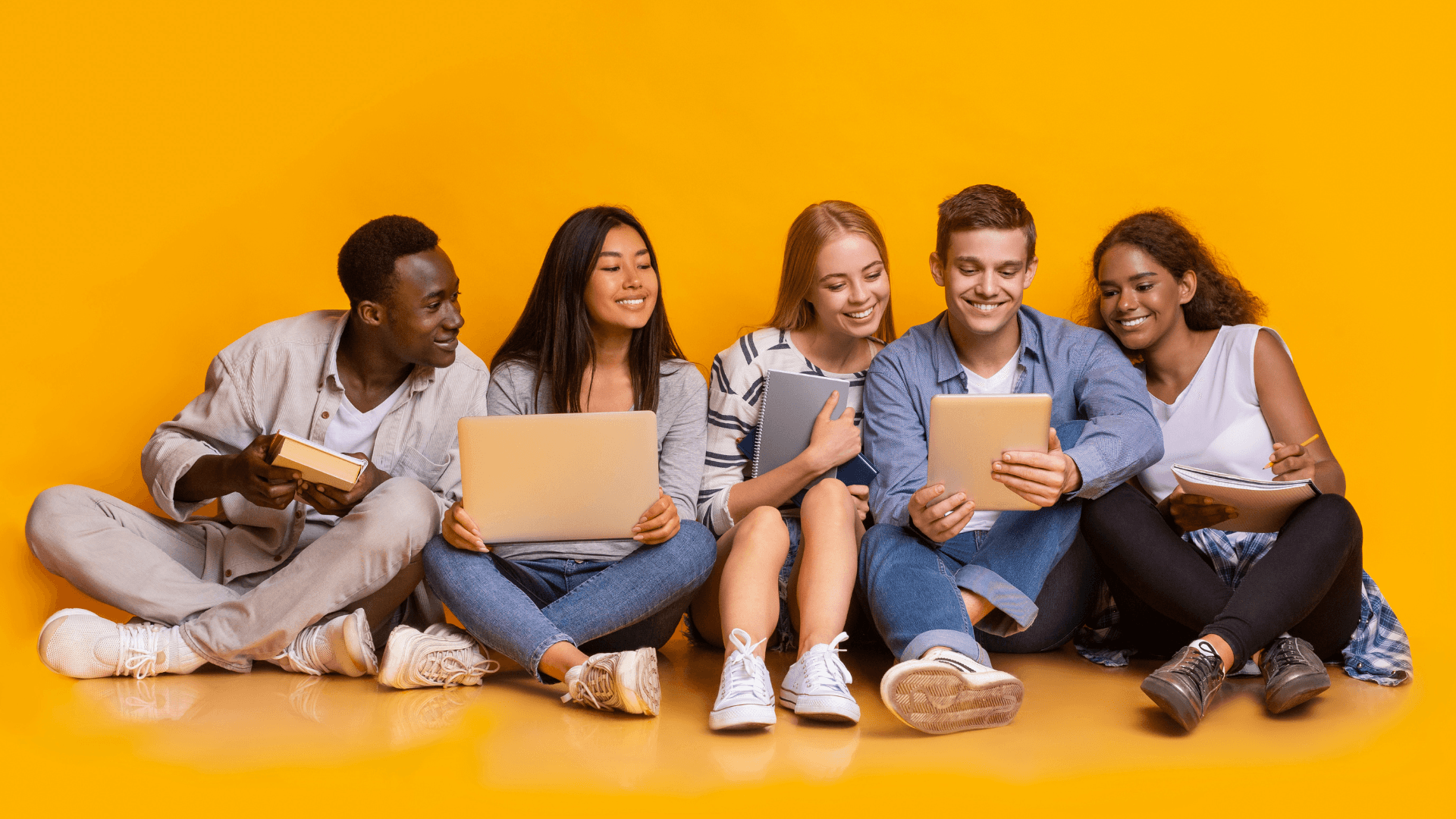 Students on campus smiling